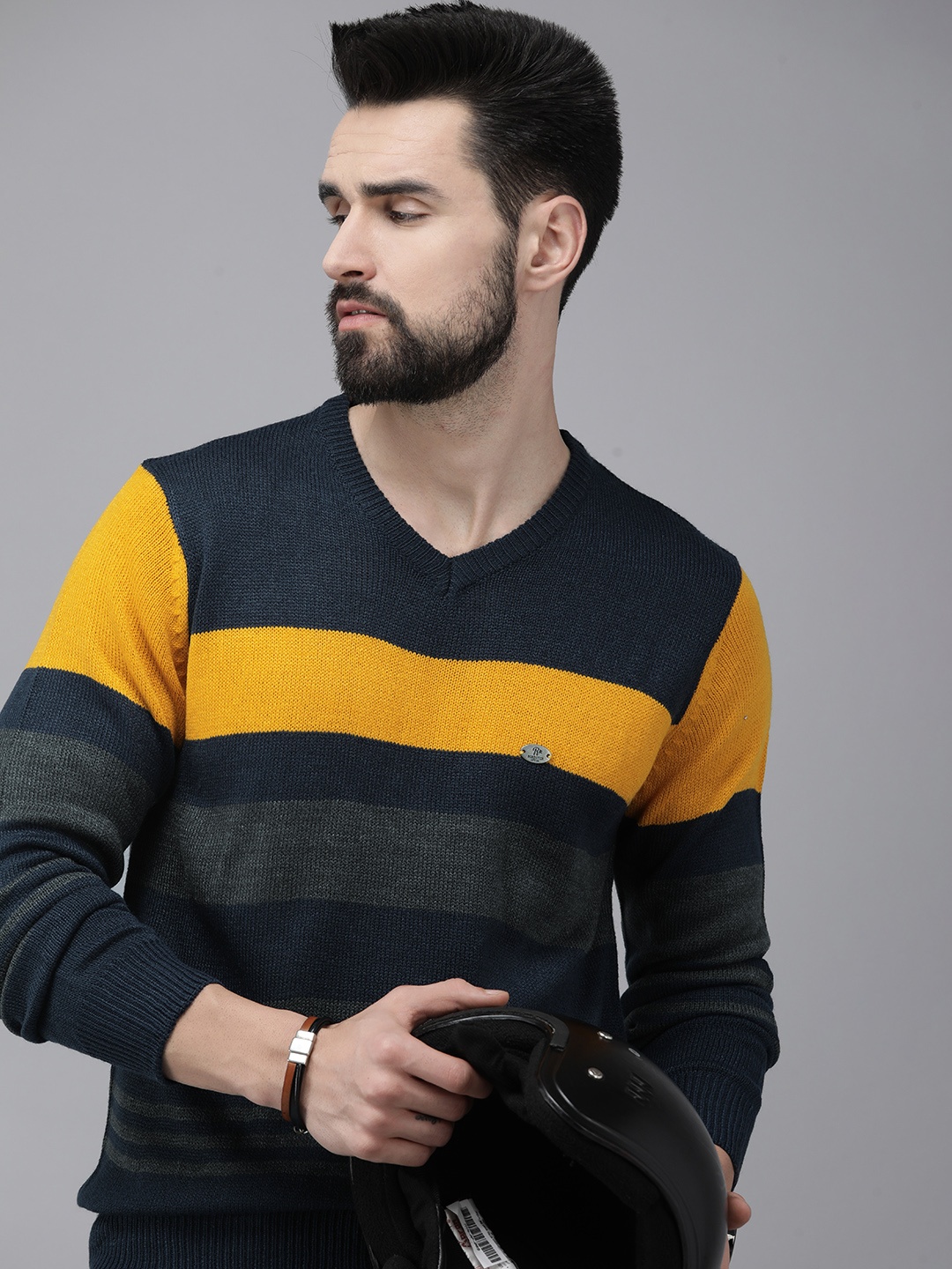 

Roadster Men Navy Blue & Mustard Yellow Colourblocked Pullover