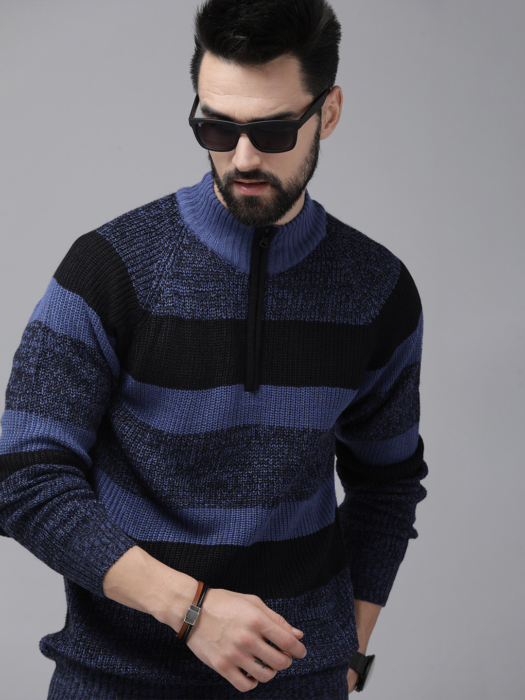 

Roadster Men Blue & Black Block Stripes Acrylic Pullover