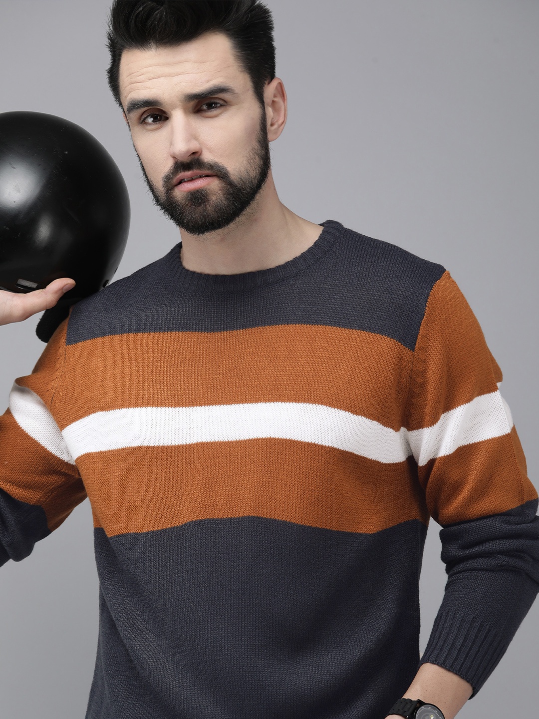

Roadster Men Navy Blue & Brown Colourblocked Acrylic Pullover