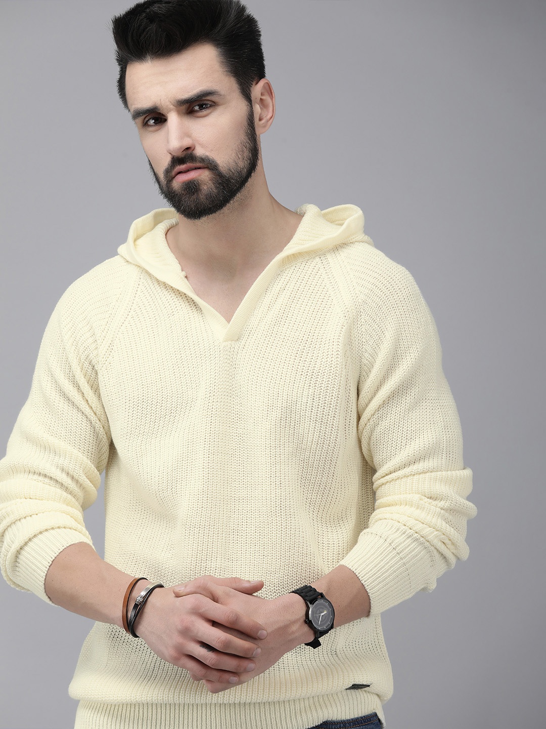 

Roadster Men Cream-Coloured Hooded Pullover