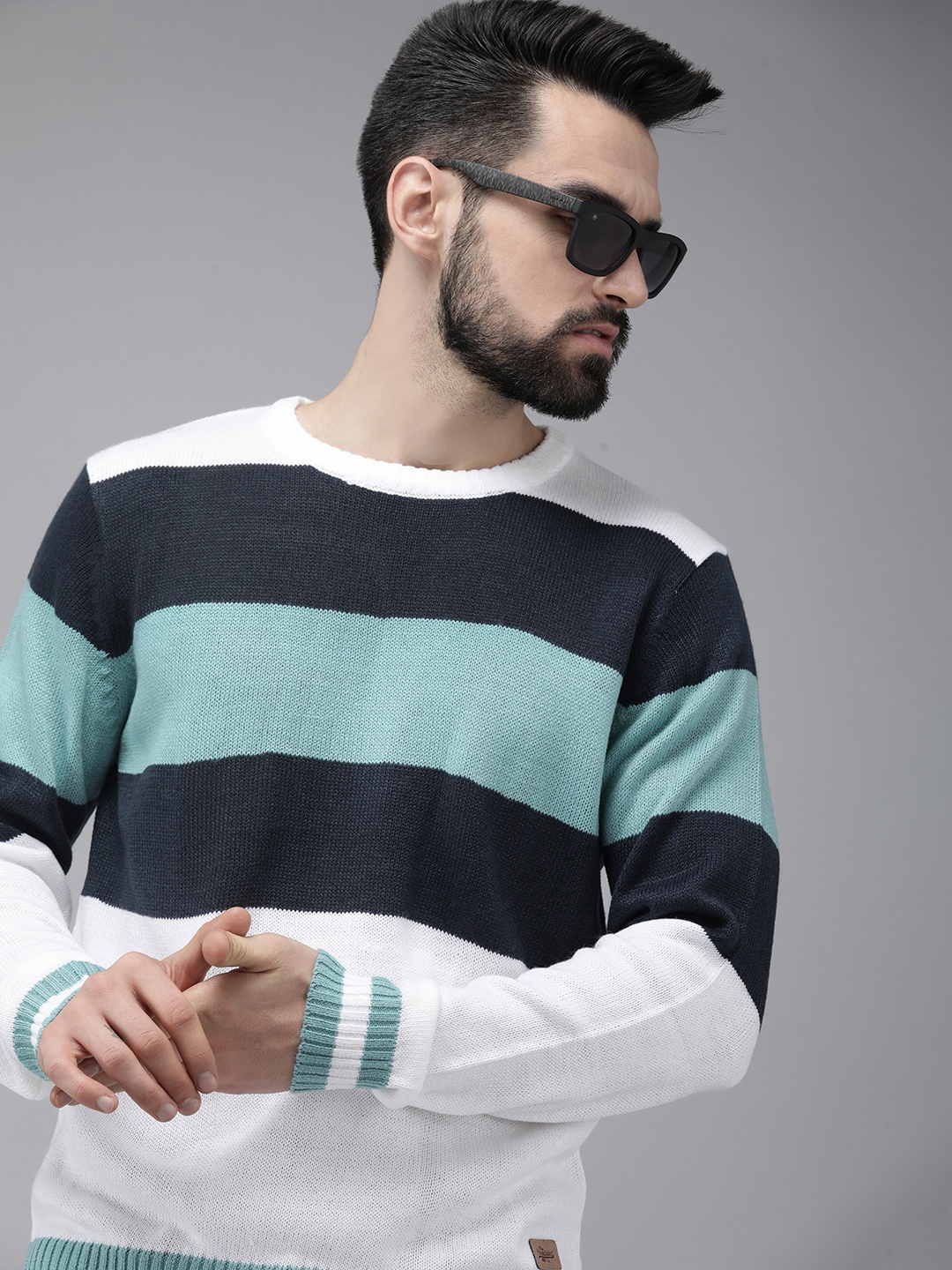 

Roadster Men White & Navy Blue Colourblocked Acrylic Pullover