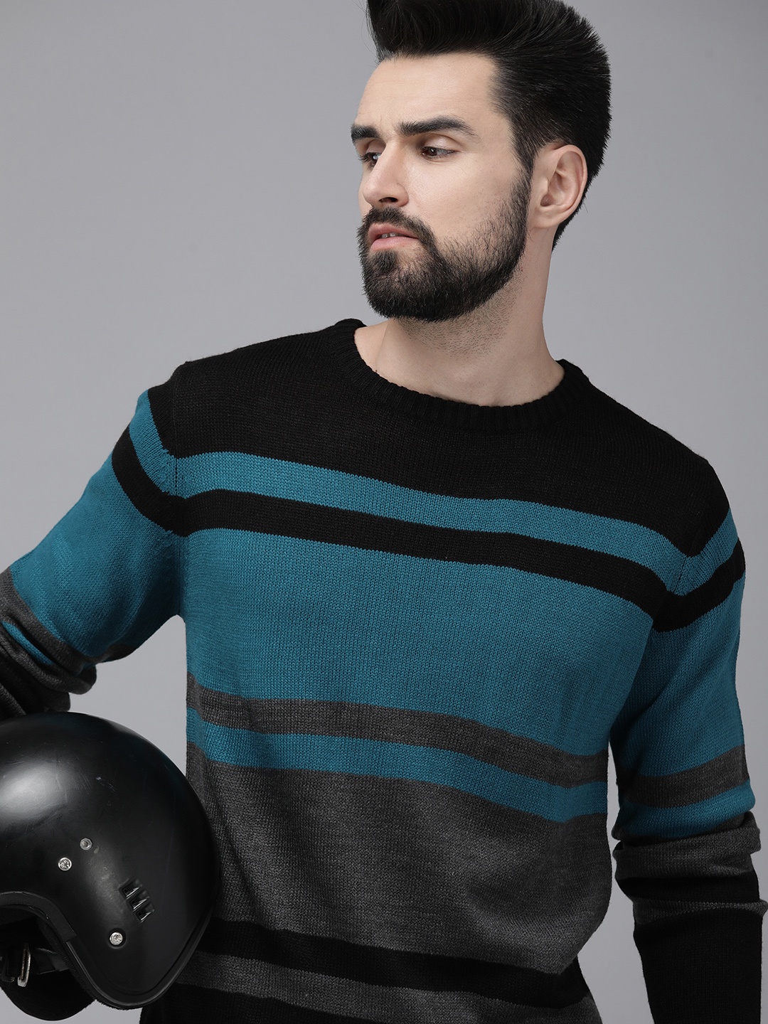 

Roadster Men Teal Blue & Black Colourblocked Acrylic Pullover
