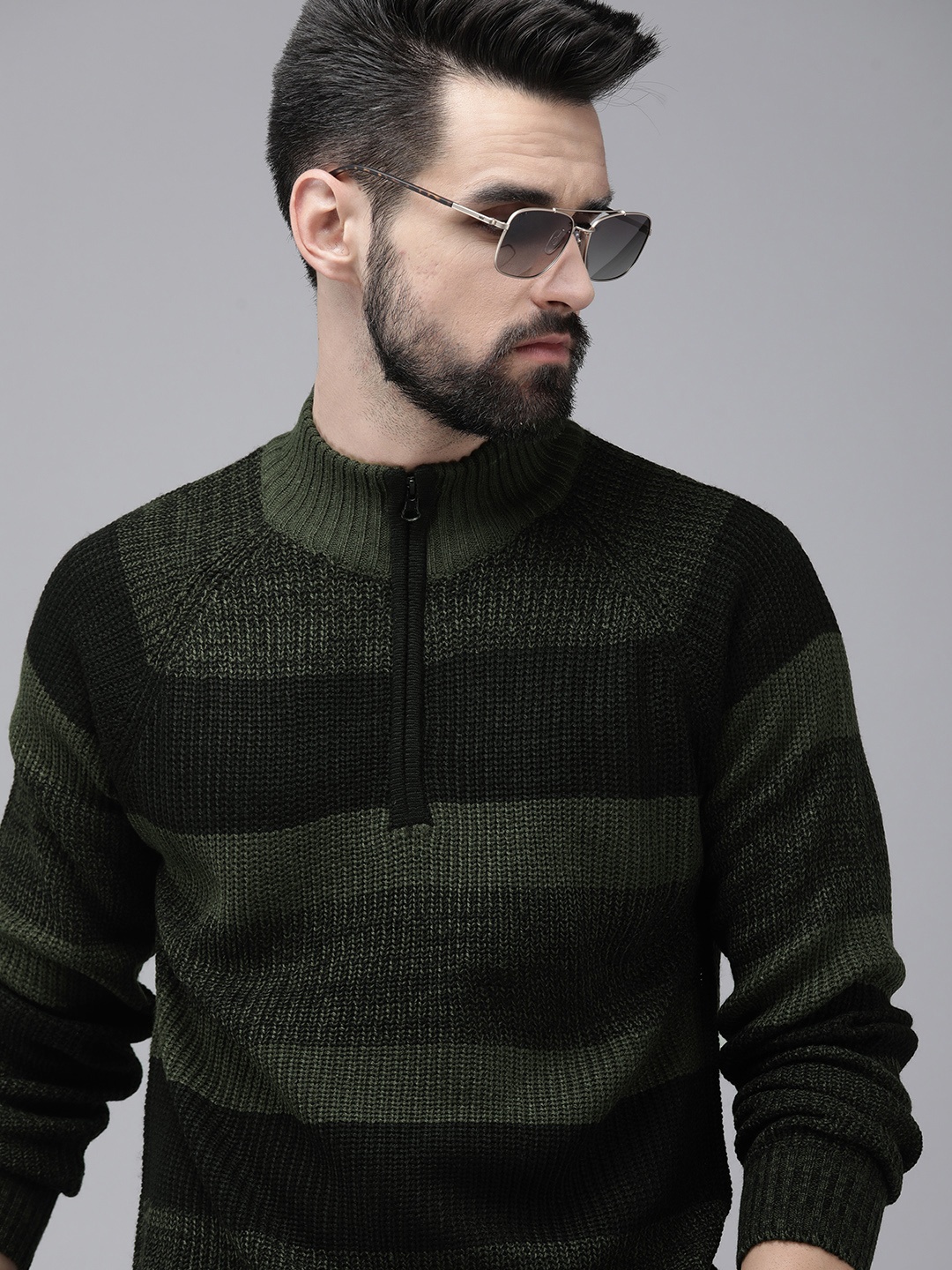 

Roadster Men Green & Black Block Stripes Acrylic Pullover