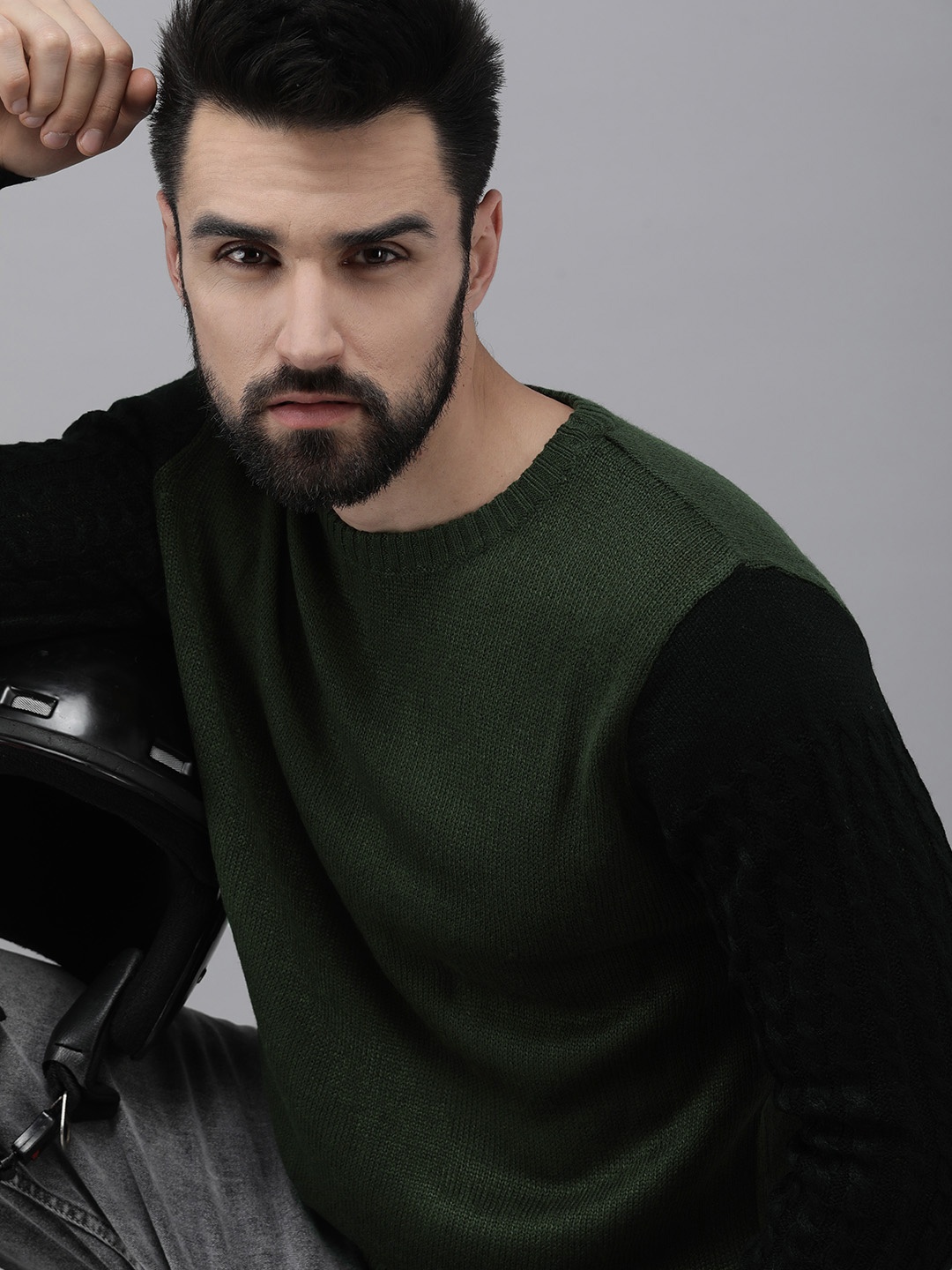 

Roadster Men Olive Green Contrast Sleeves Pullover