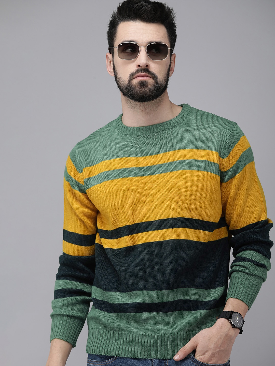 

Roadster Men Green & Mustard Yellow Colourblocked Pullover