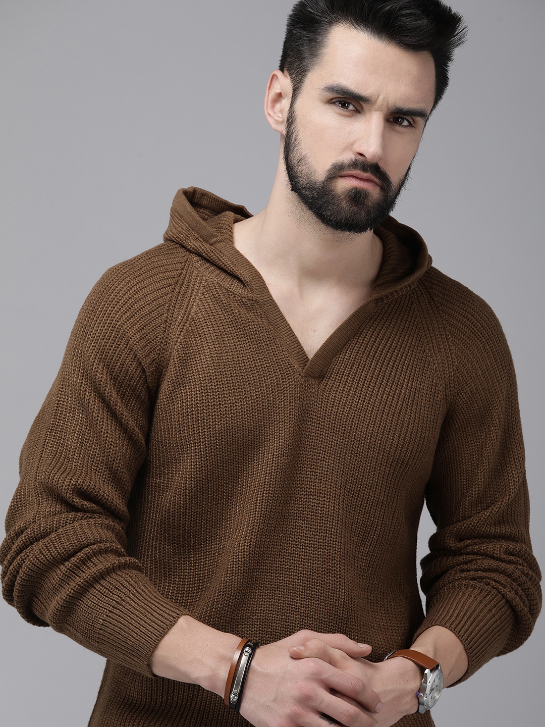 

The Roadster Lifestyle Co Men Brown Cable Knit Hooded Pullover Sweater