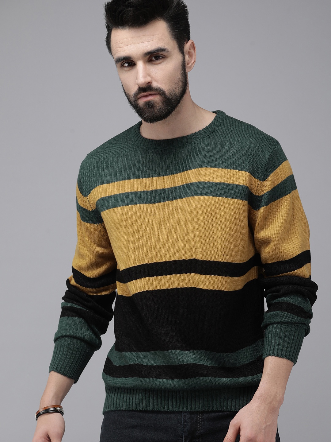 

The Roadster Lifestyle Co. Men Green & Yellow Colourblocked Casual Pullover