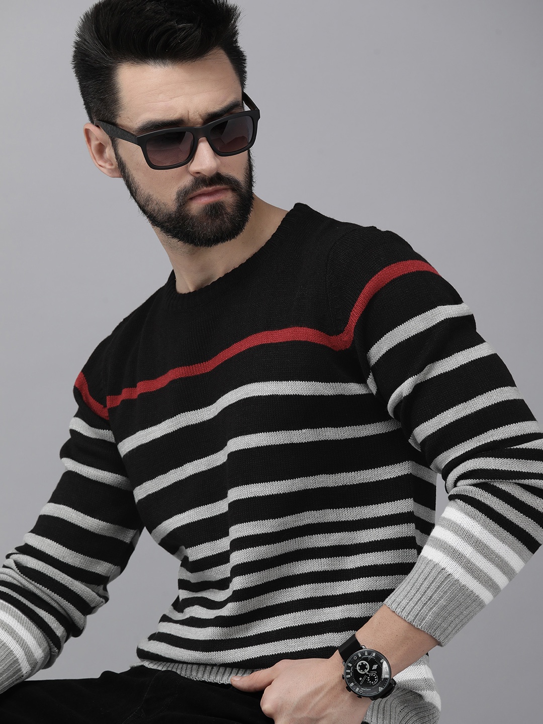 

Roadster Men Black & Grey Striped Acrylic Pullover