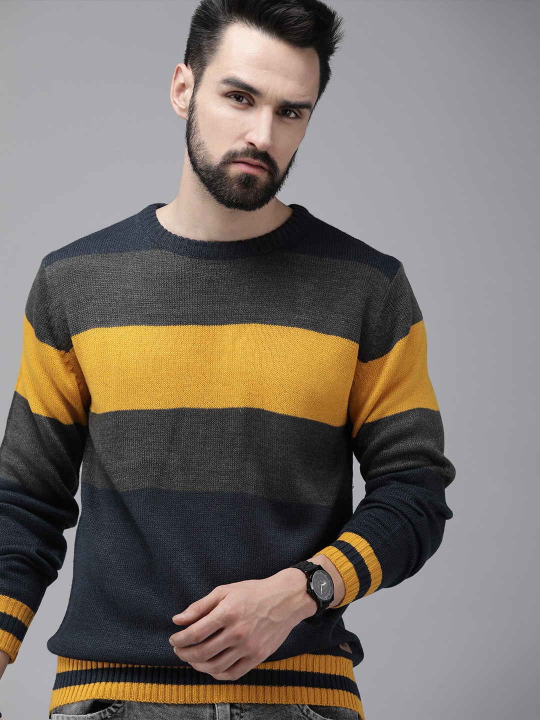 

The Roadster Lifestyle Co. Men Grey & Yellow Colourblocked Casual Pullover