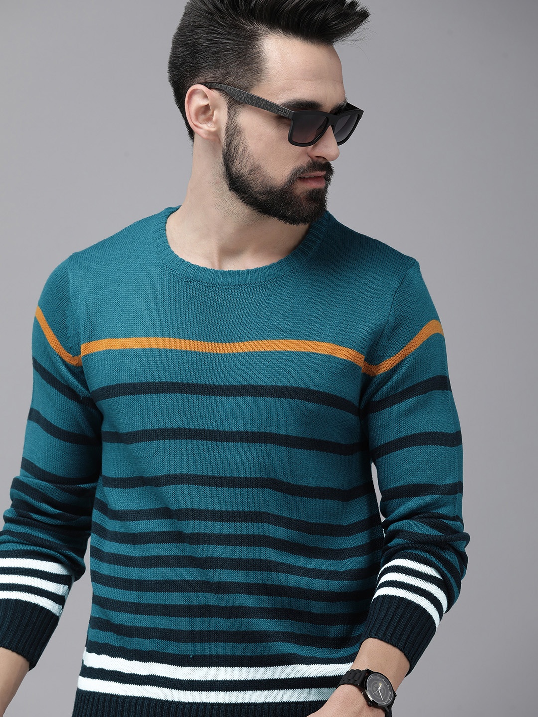 

Roadster Men Blue Striped Pullover