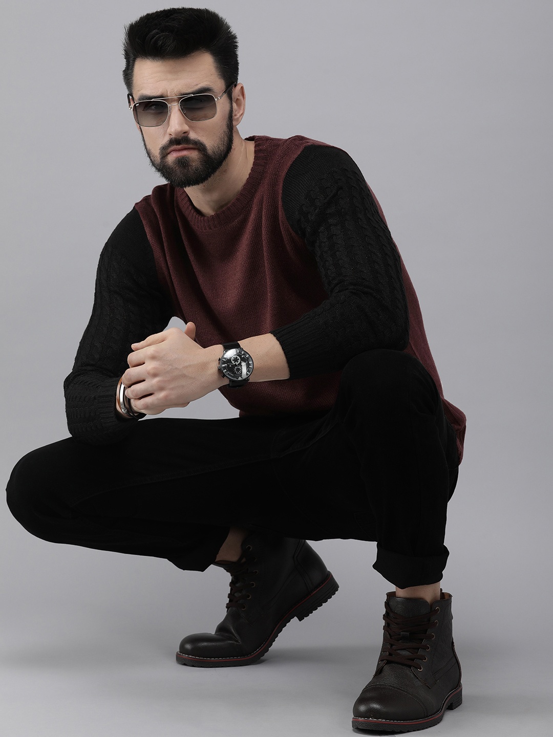 

Roadster Men Brown & Black Solid Acrylic Pullover with Cable Knit Detail