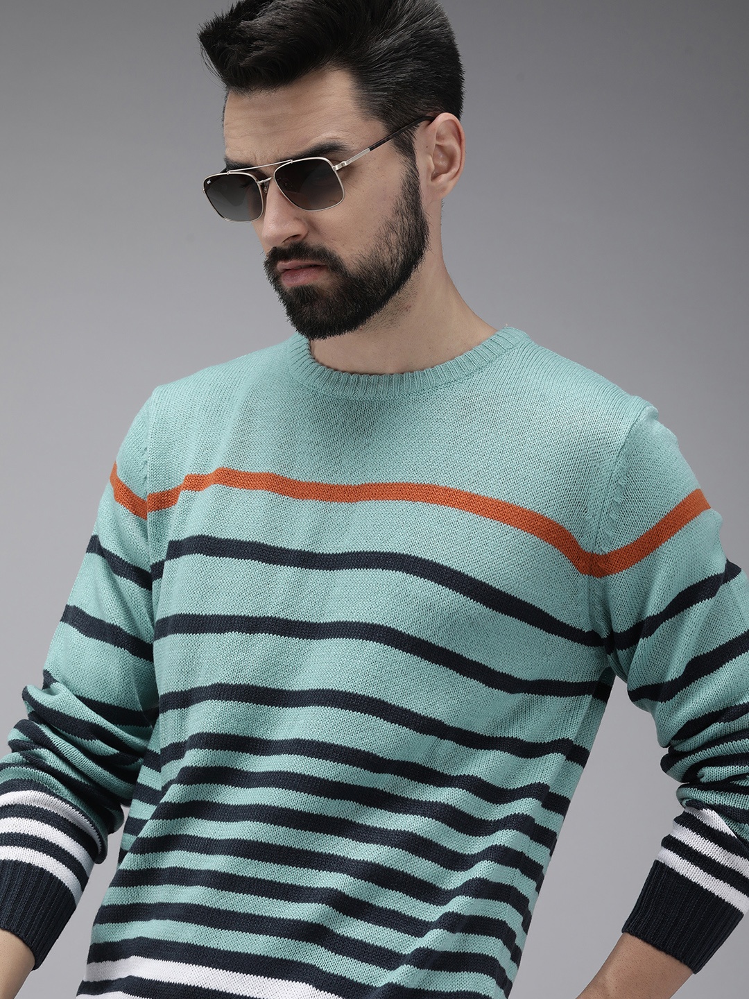 

Roadster Men Mineral Blue & Navy Blue Striped Acrylic Pullover