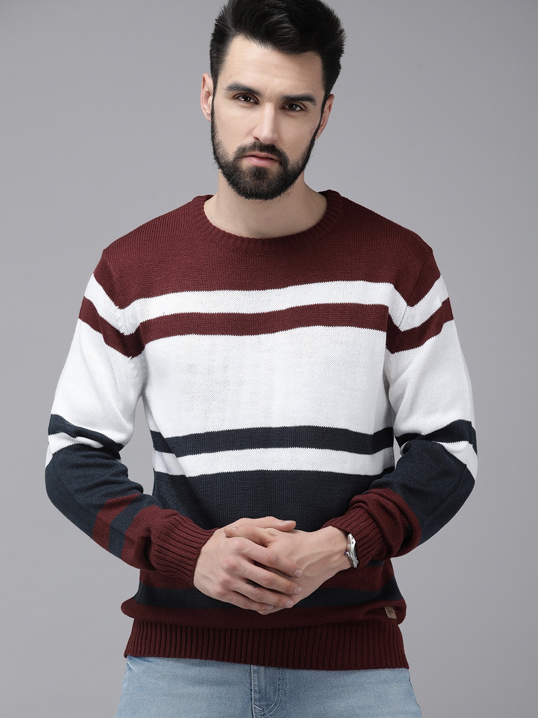 

The Roadster Lifestyle Co Men White & Navy Blue Striped Pullover Sweater