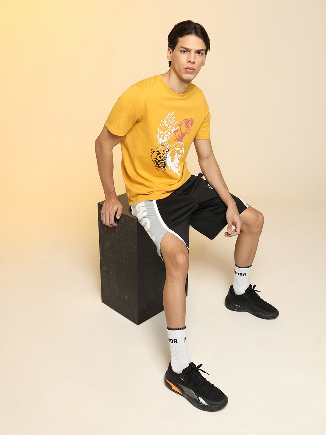 

PUMA Hoops Printed 4th Quarter Pure Cotton Regular Fit T-shirt, Mustard