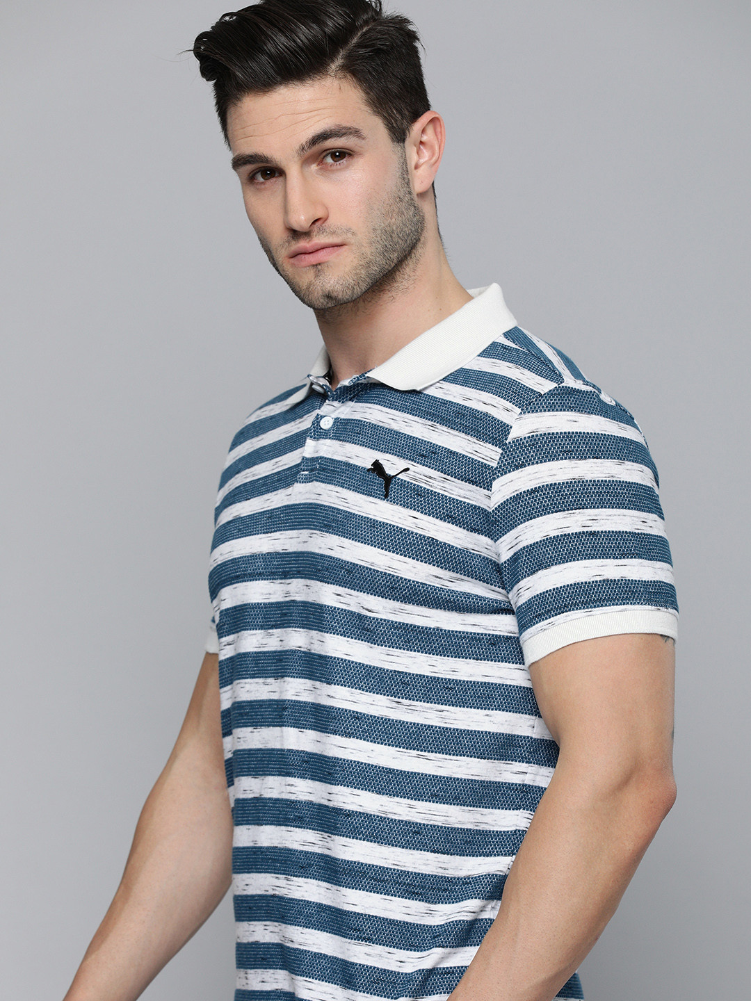 

Puma Men Blue & White Striped Pure Cotton Polo Collar T-shirt