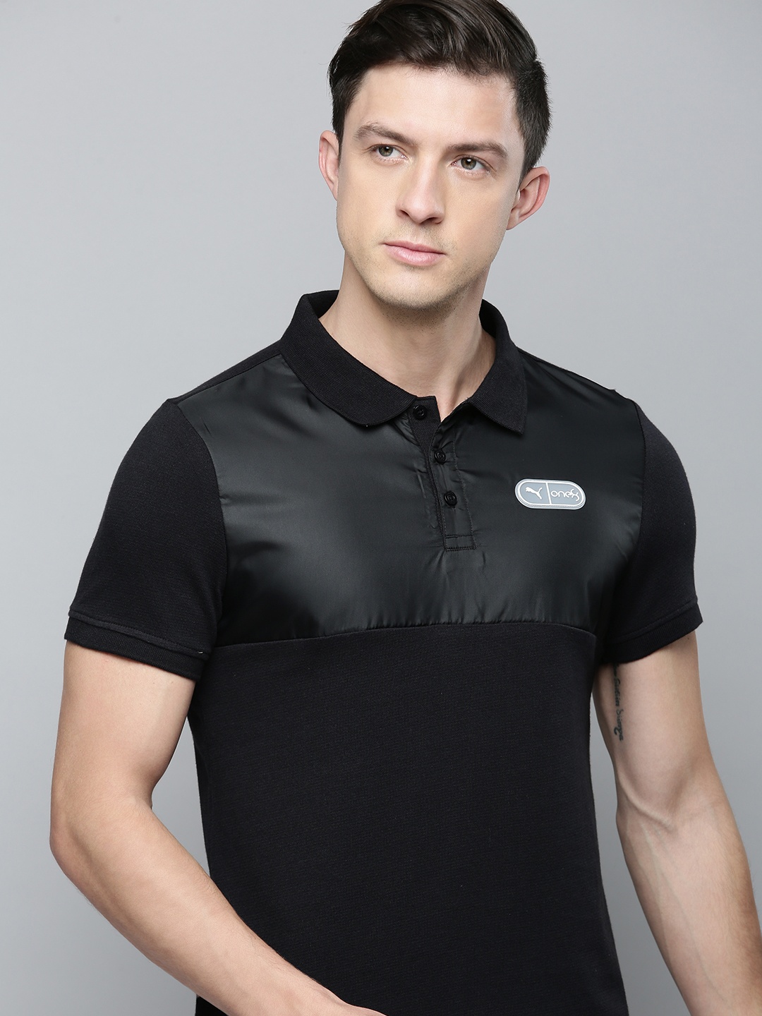 

one8 x PUMA Colourblocked Polo Collar Pure Cotton Slim Fit T-shirt, Black