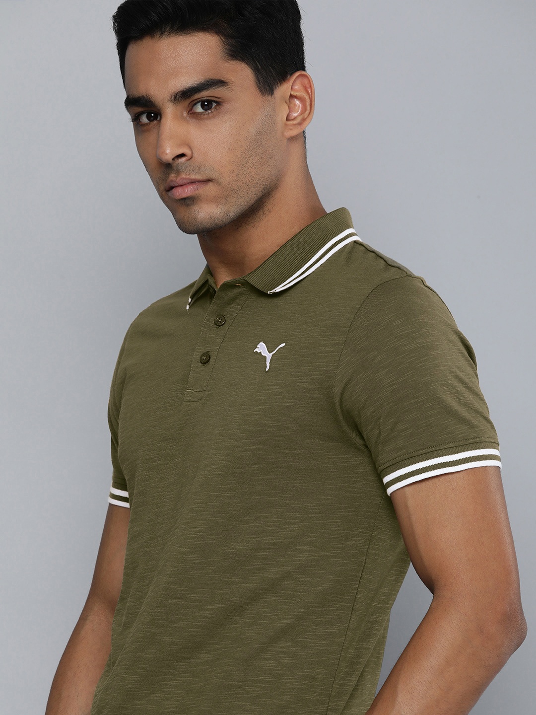 

Puma Men Olive Green Slub Jersey Polo Collar Slim Fit Pure Cotton T-shirt