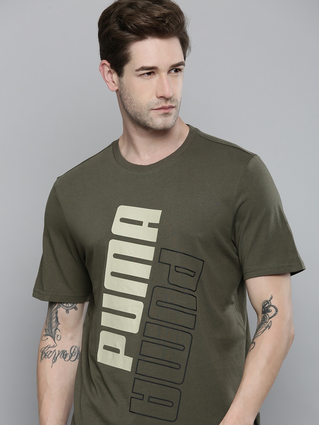 

Puma Men Olive Green Typography Printed POWER Pure Cotton T-shirt