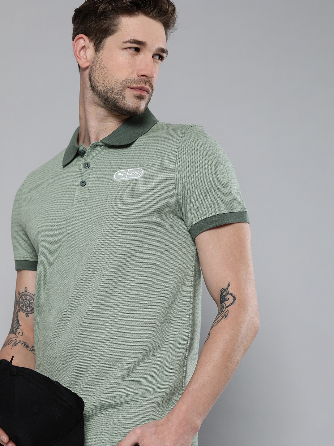 

one8 x PUMA Men Green Brand Logo Printed Polo Collar Virat Kohli T-shirt