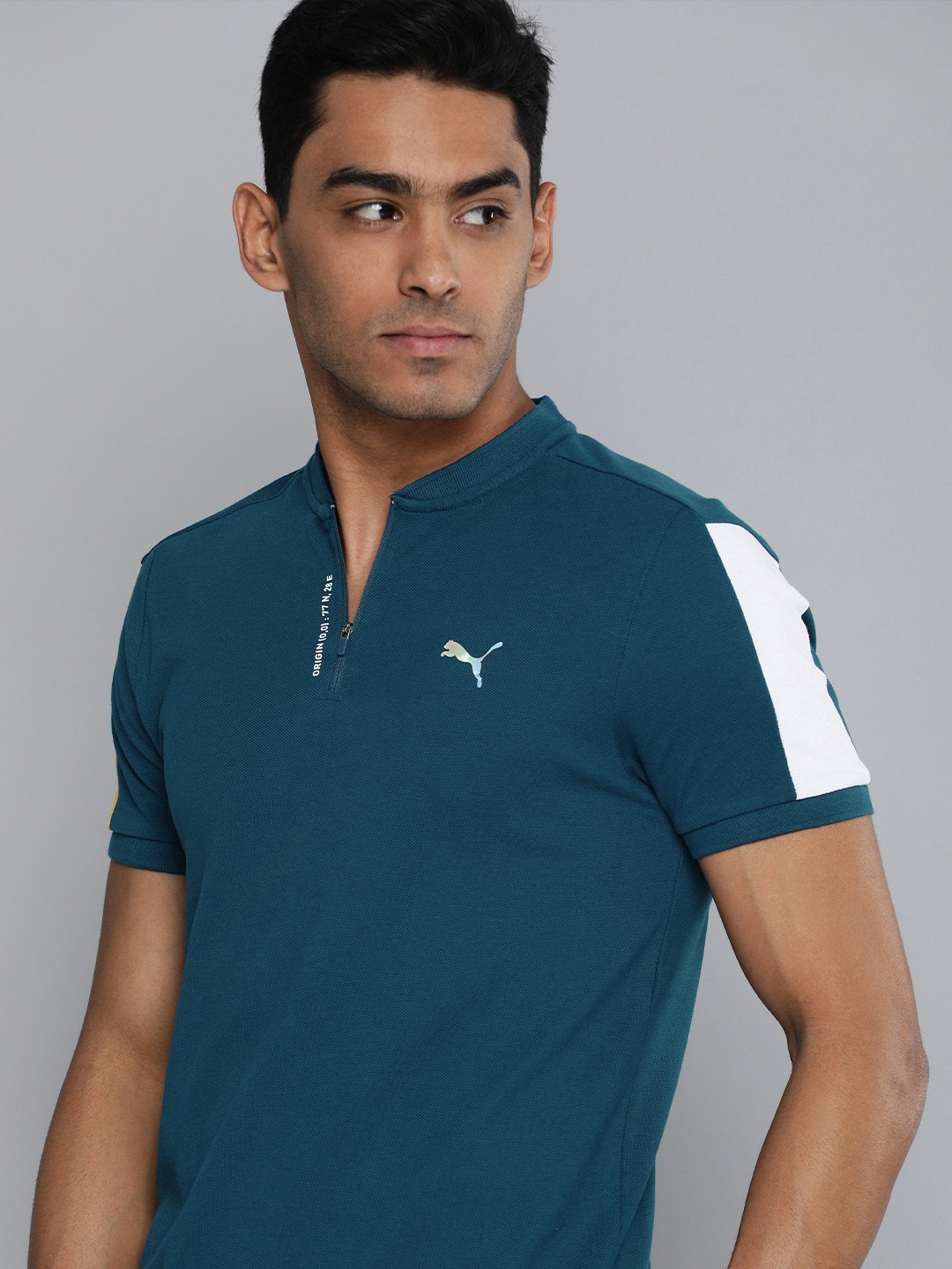 

one8 x PUMA Men Blue & White Colourblocked Mandarin Collar T-shirt