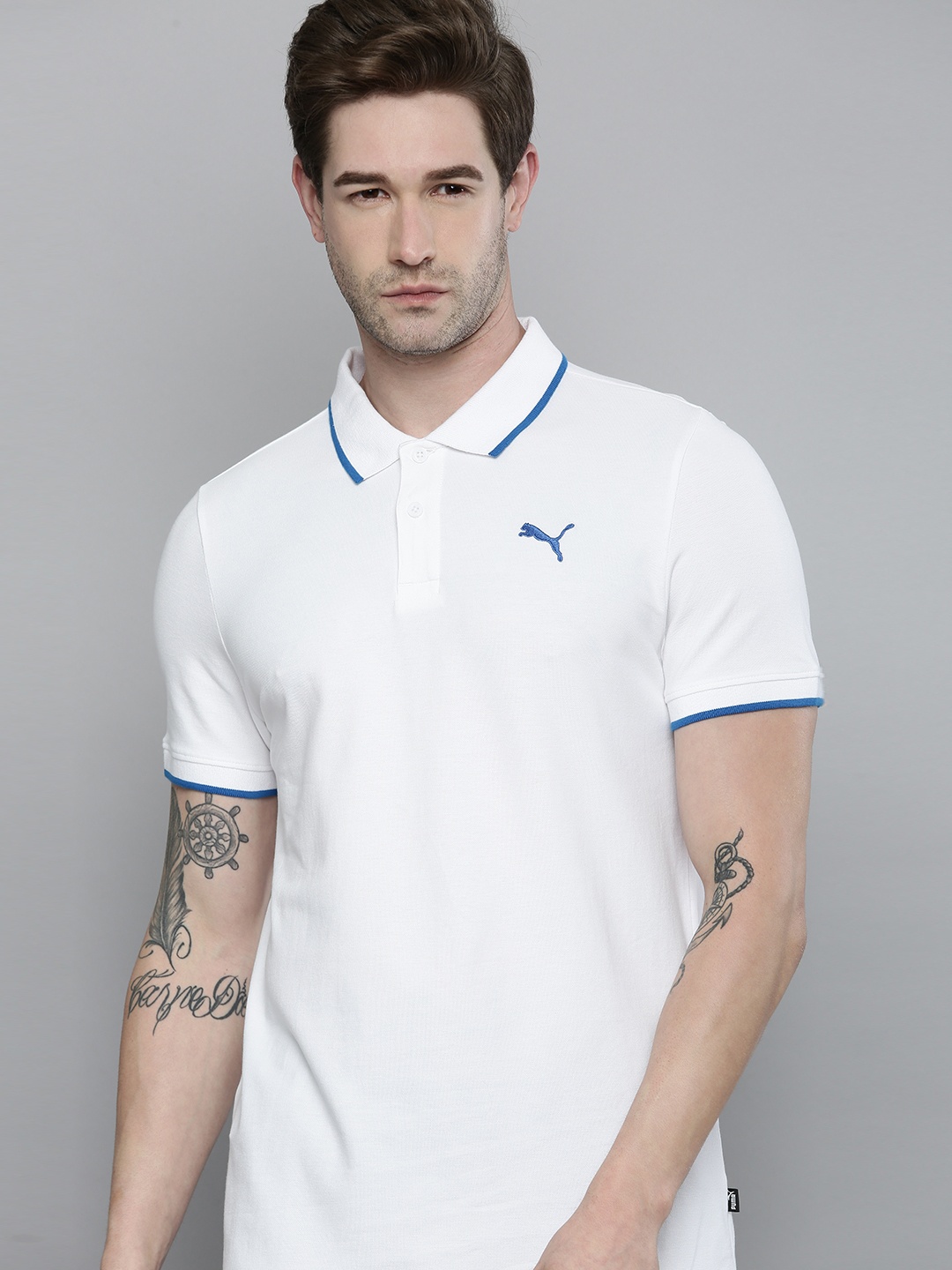 

Puma Men White Brand Logo Printed Collar Tipping Heather Polo Collar T-shirt