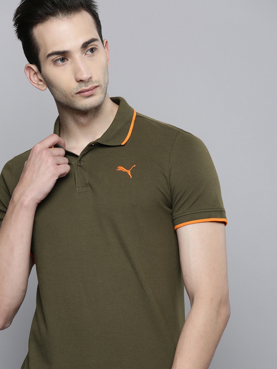 

Puma Men Olive Green Polo Collar Tipping Heather T-shirt