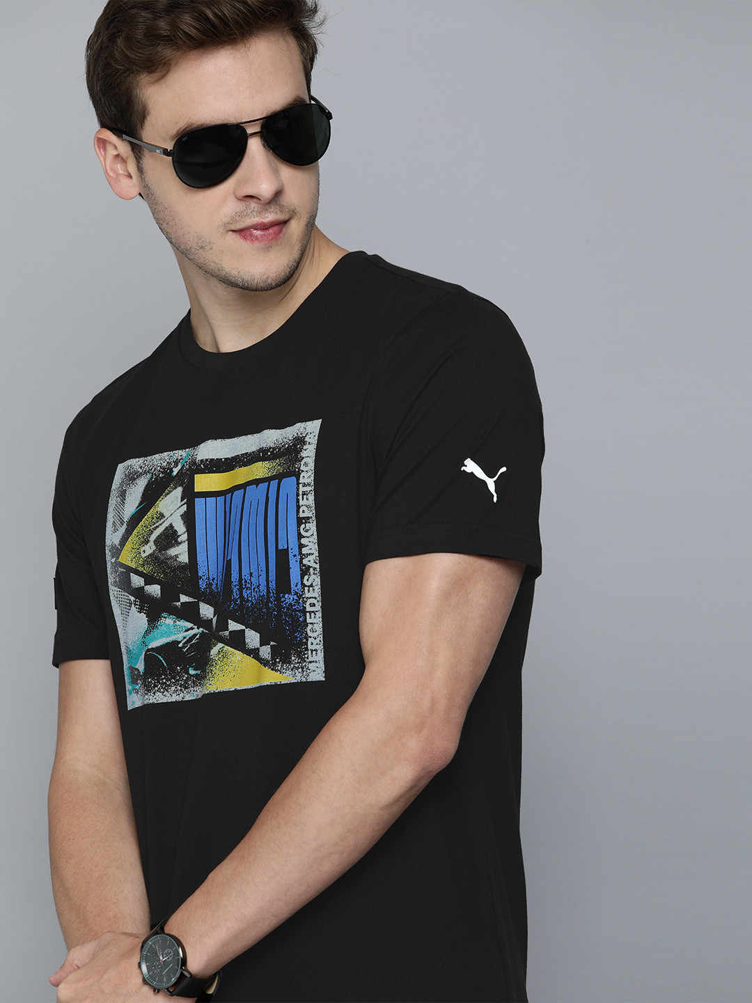 

PUMA Motorsport Men Black Blue Mercedes F1 Graphic Printed Pure Cotton T-shirt