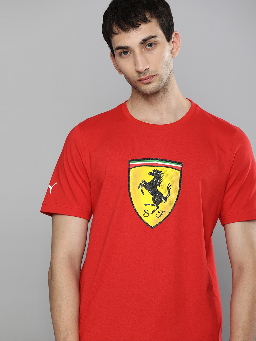

PUMA Motorsport Men Red Yellow Ferrari Race Colourblock Shield Pure Cotton Motorsports T-shirt