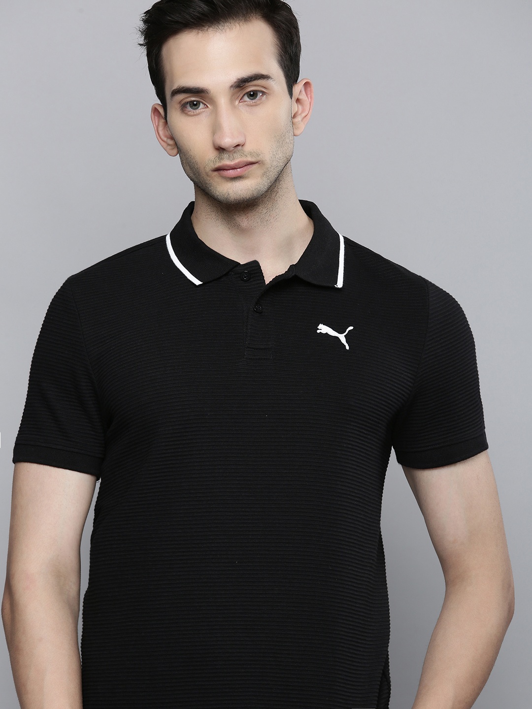 

Puma Men Black Self- Striped Polo Collar Ottoman T-shirt