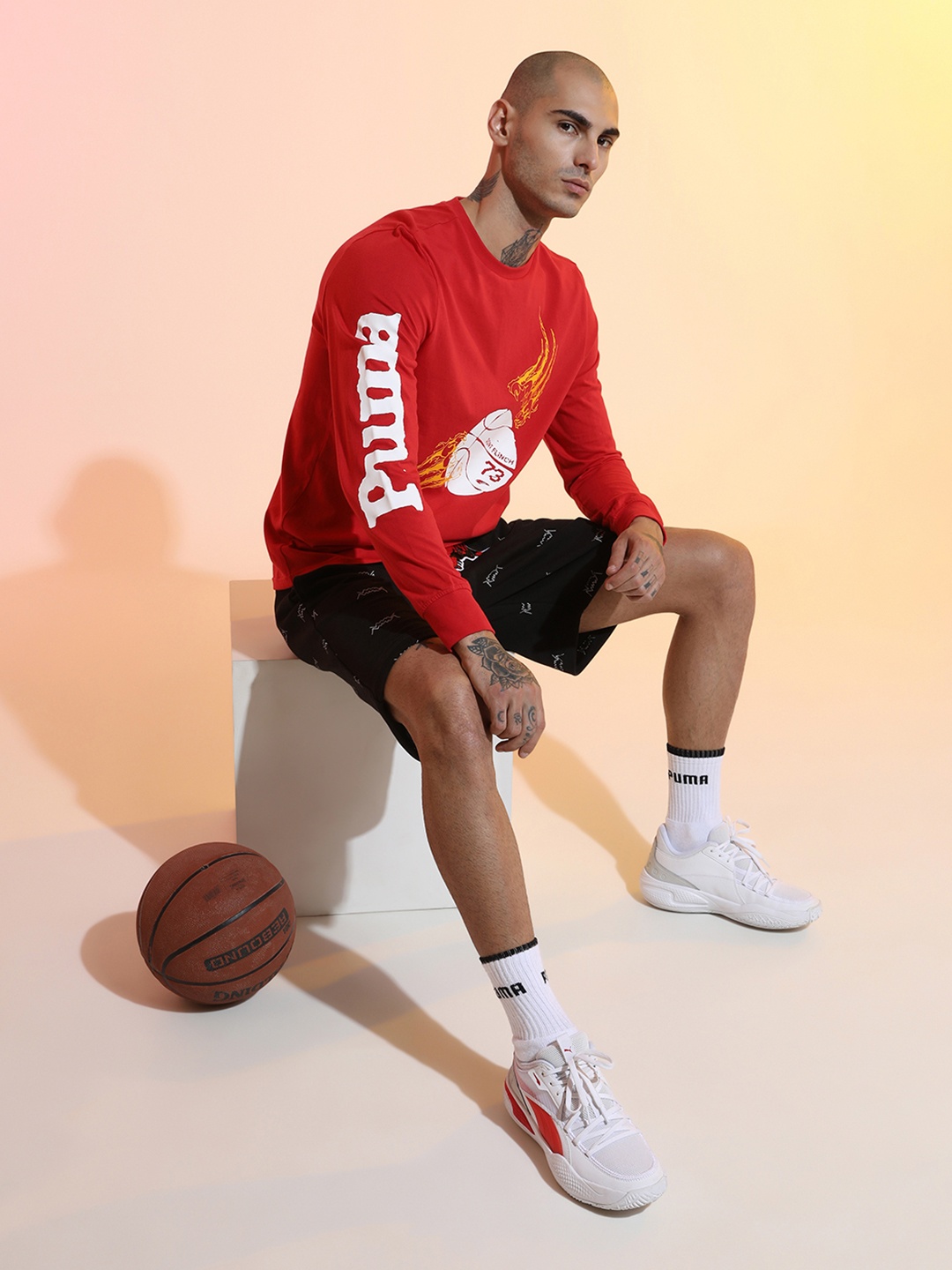 

PUMA Hoops Men Red & White Printed 4th Quarter Pure Cotton T-shirt