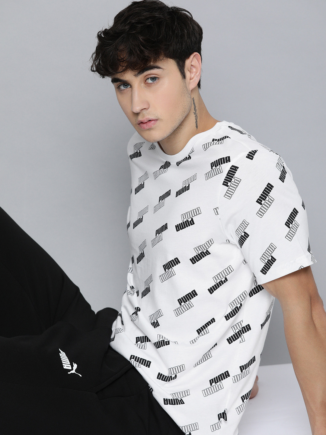 

Puma Men White & Black Brand Logo Printed Round Neck Pure Cotton T-shirt