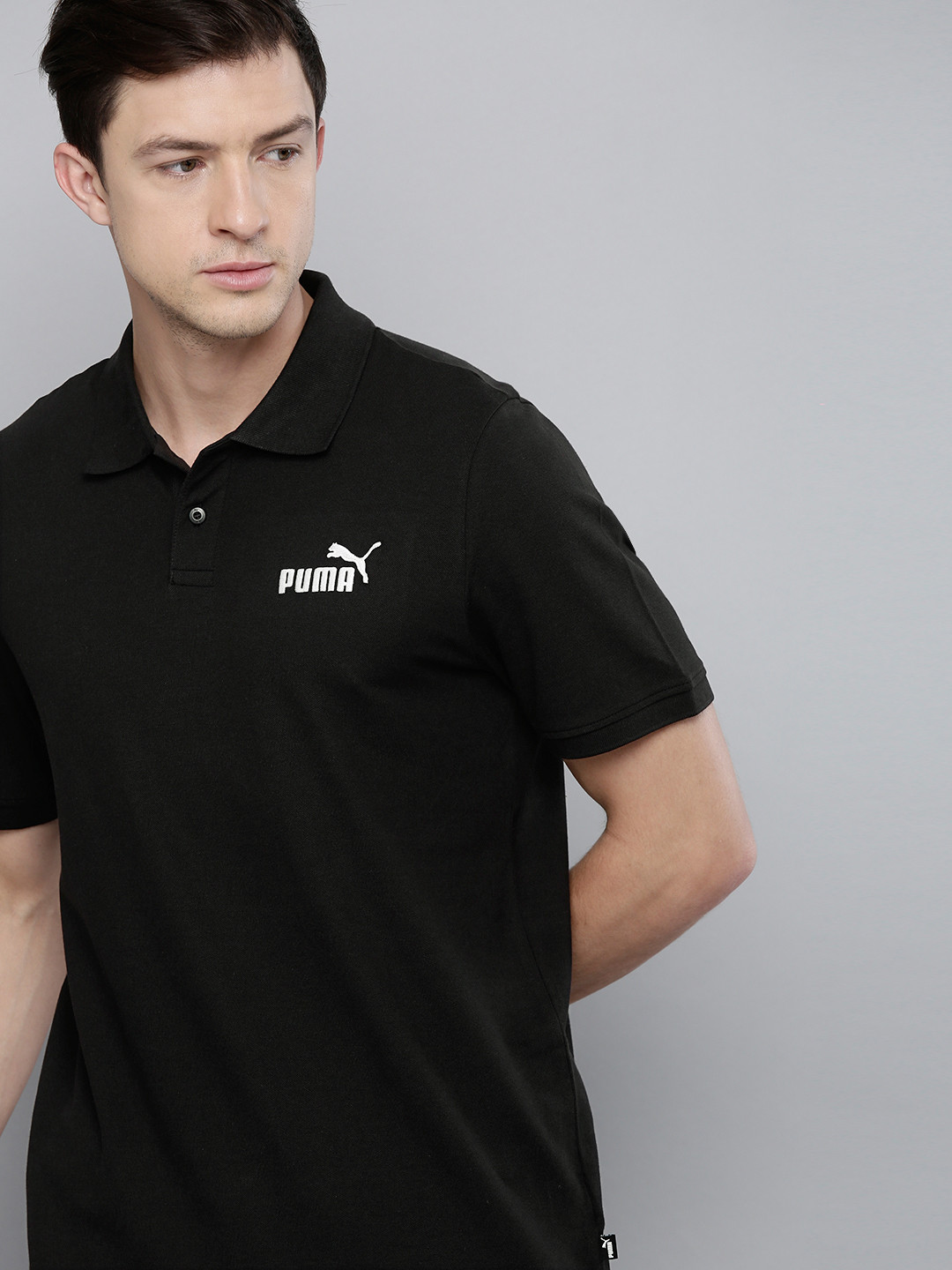 

Puma Men Black Brand Logo Embroidered Pure Cotton Polo Collar T-shirt