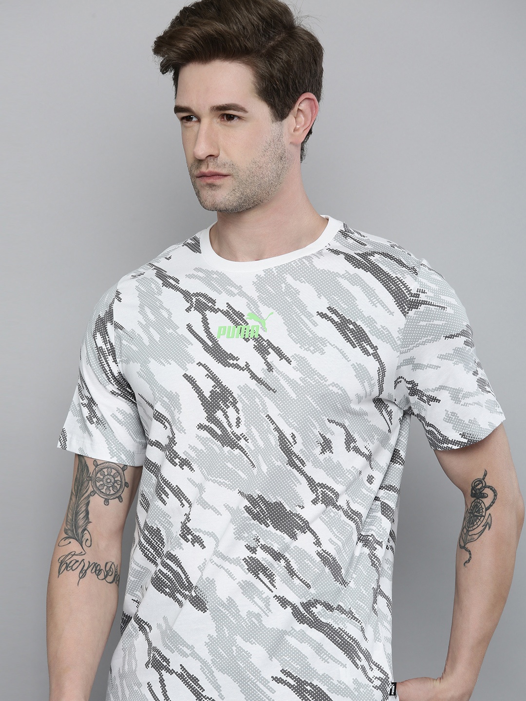 

Puma Men White Grey Graphic AOP Printed Pure Cotton T-shirt