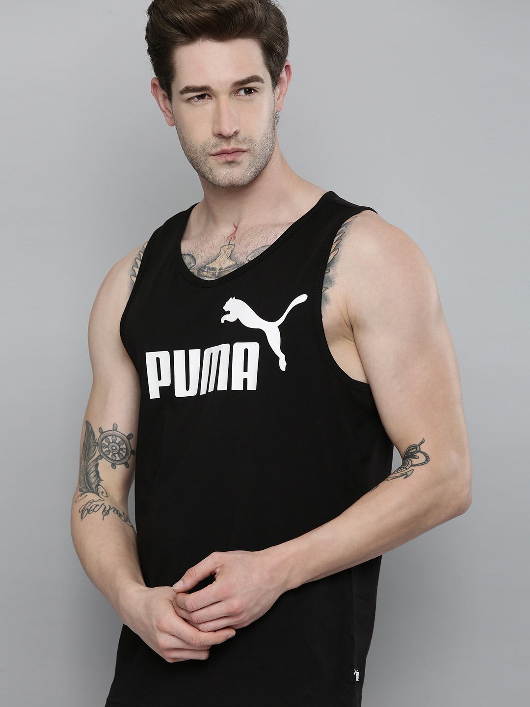 

Puma Men Black Brand Logo Printed Essential Tank Pure Cotton T-shirt