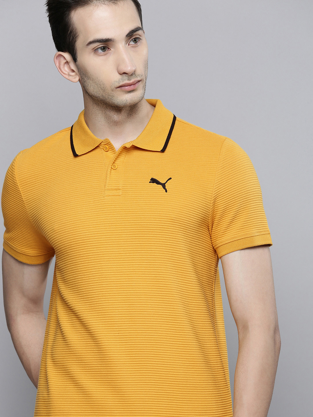 

Puma Men Mustard Yellow Solid Ottoman Polo Collar Pure Cotton T-shirt