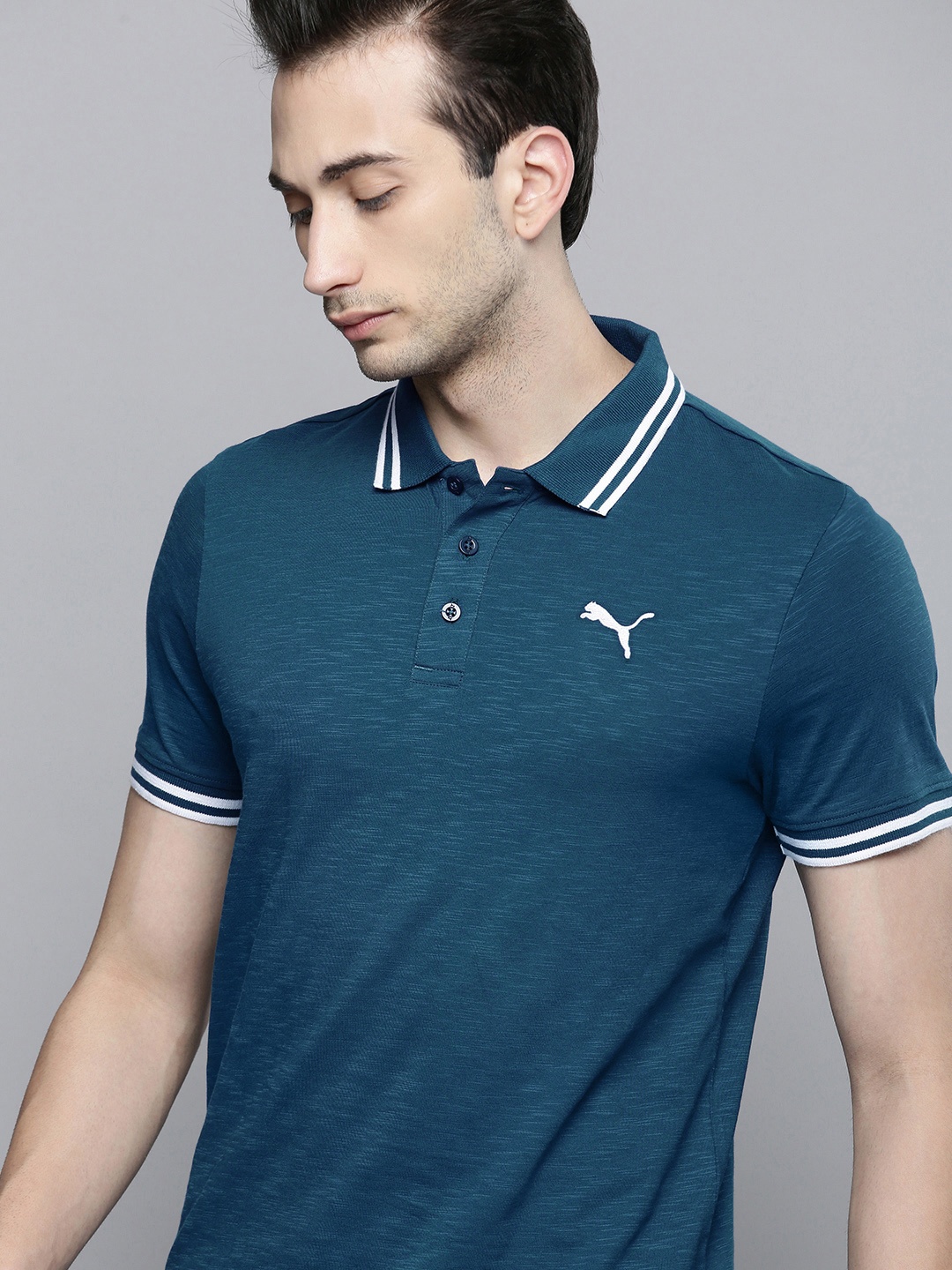 

Puma Men Navy Blue Slub Jersey Polo Collar Pure Cotton T-shirt