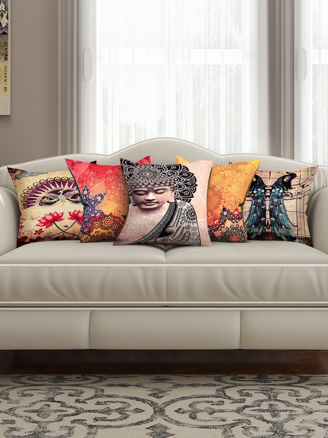 

SEJ by Nisha Gupta Multicoloured Set of 5 Printed 16" x 16" Square Cushion Covers, Multi