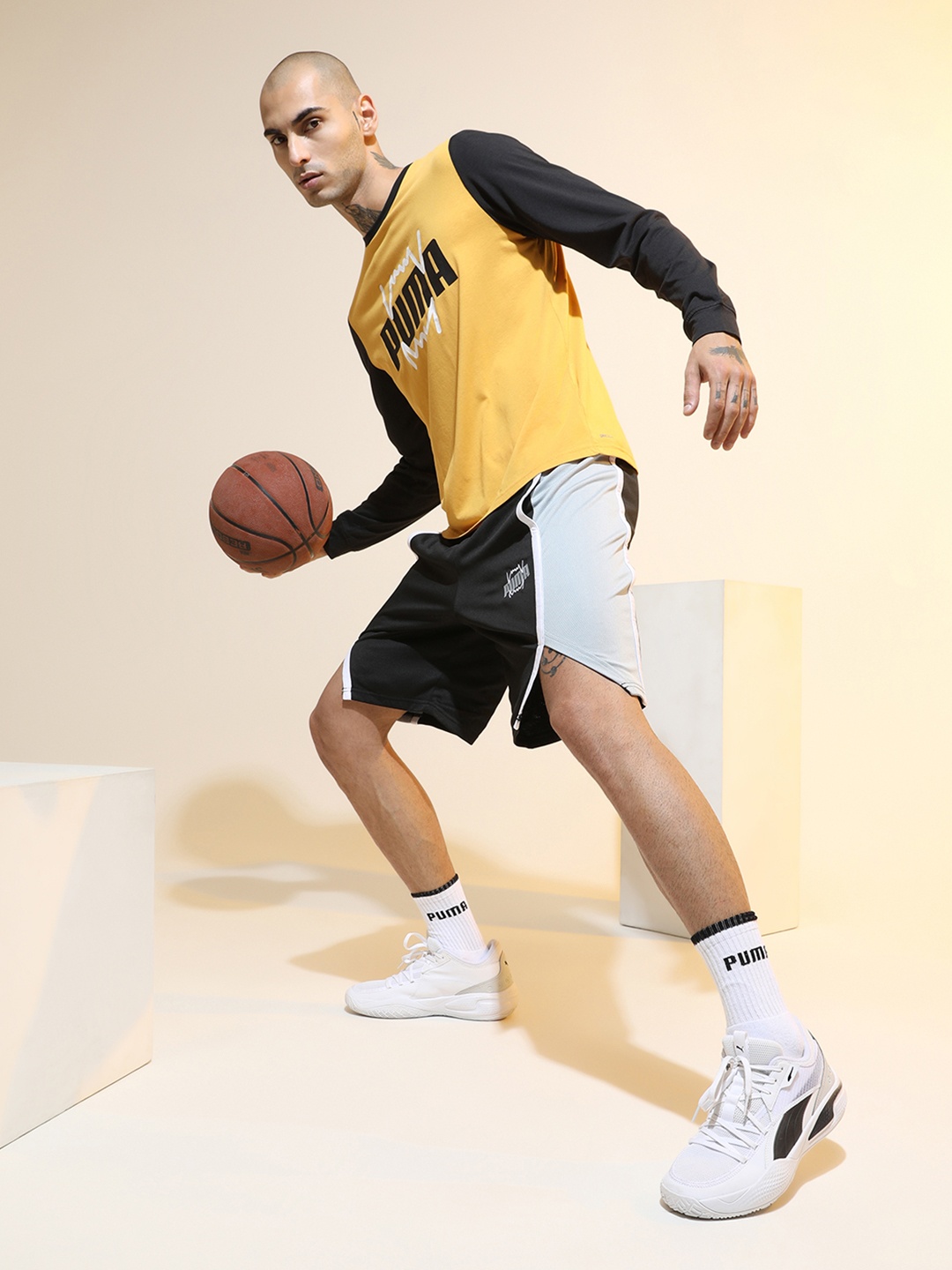 

PUMA Hoops Men Black & Blue Printed Curl Knitted dryCELL Sports Shorts