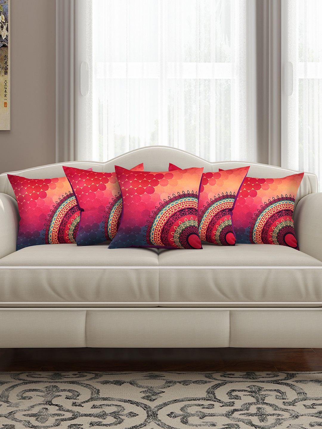 

SEJ by Nisha Gupta Multicoloured Set of 5 Printed 16" x 16" Square Cushion Covers, Multi