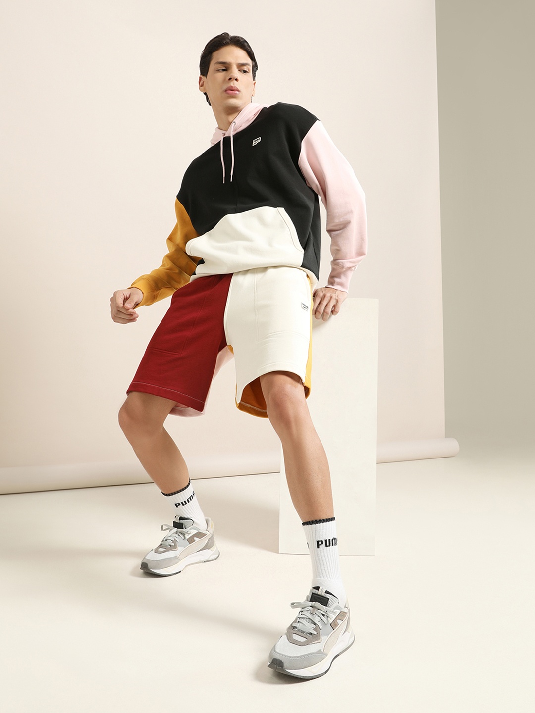 

Puma Men Cream-Coloured & Maroon Colourblocked Downtown Knitted Loose Fit Sports Sustainable Shorts