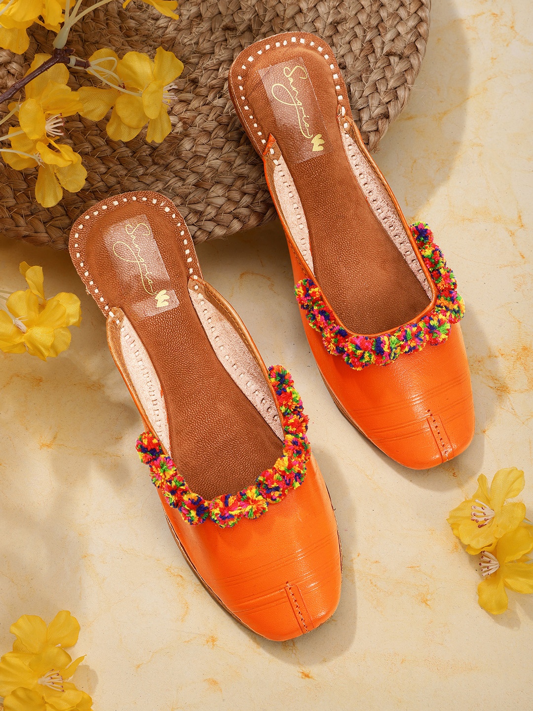 

Sangria Women Orange Ethnic Mules with Pom Pom Detail