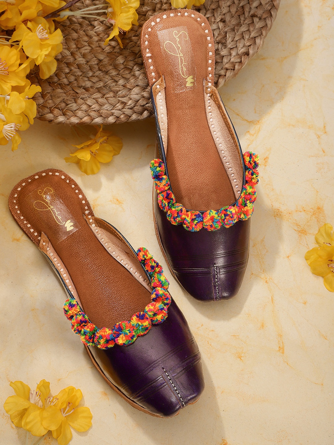 

Sangria Women Purple & Yellow Ethnic Pom-Pom Embellished Handcrafted Mules