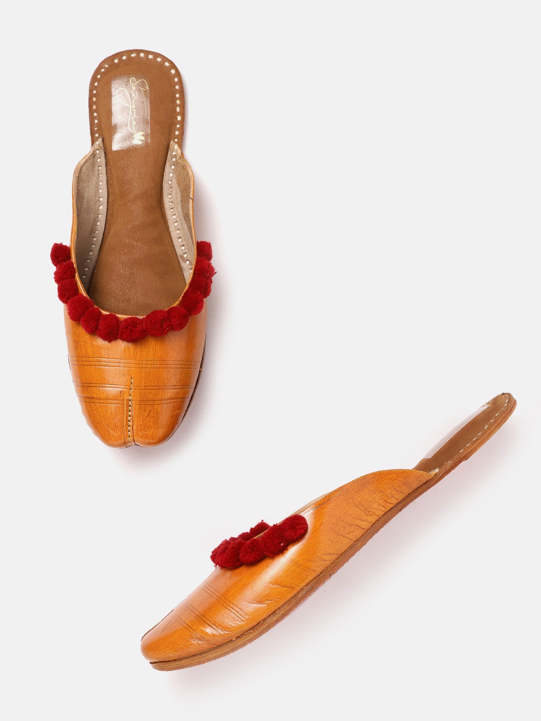 

Sangria Women Tan Brown & Maroon Striped Pom-Pom Embellished Handcrafted Mules