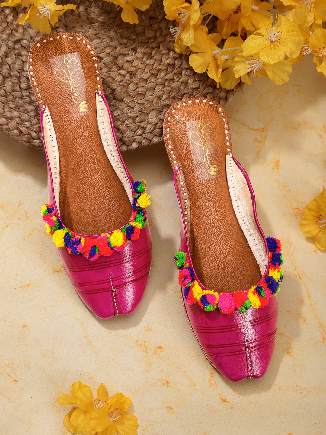 

Sangria Women Magenta & Yellow Striped Pom-Pom Embellished Handcrafted Mules