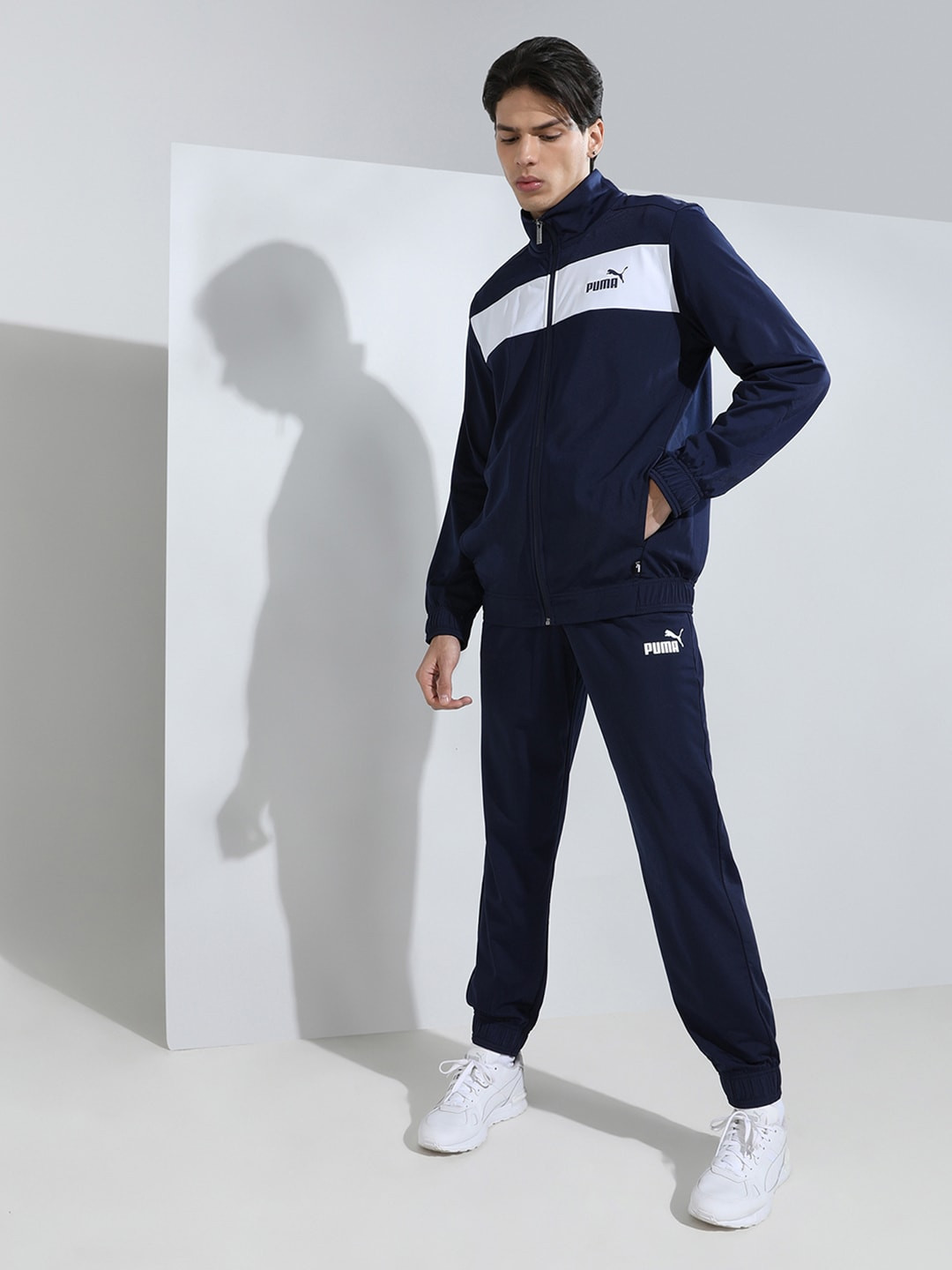 

Puma Men Navy Blue & White Colorblocked Polyester Sustainable Tracksuit