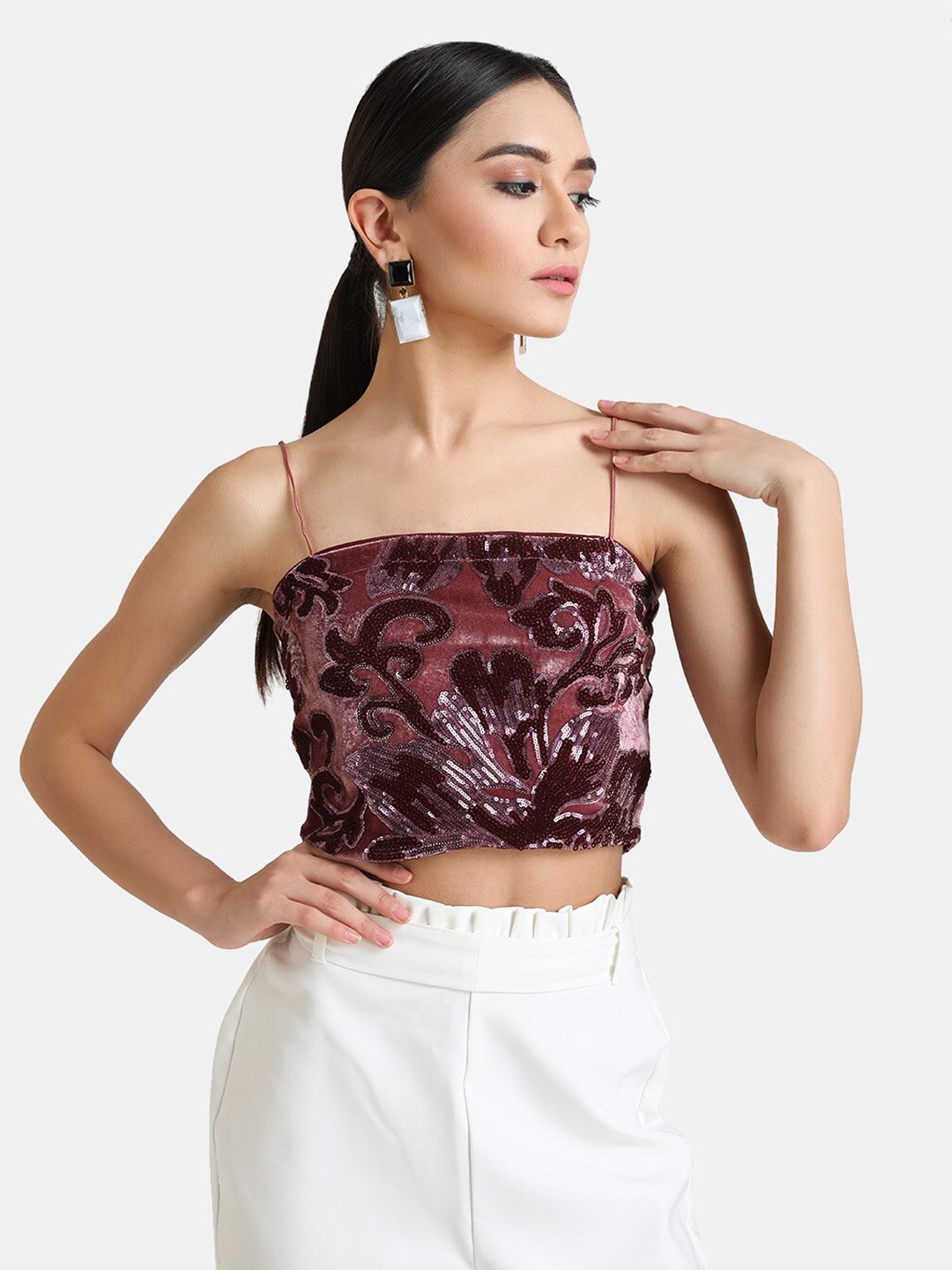 

Kazo Maroon Embellished Regular Crop Top