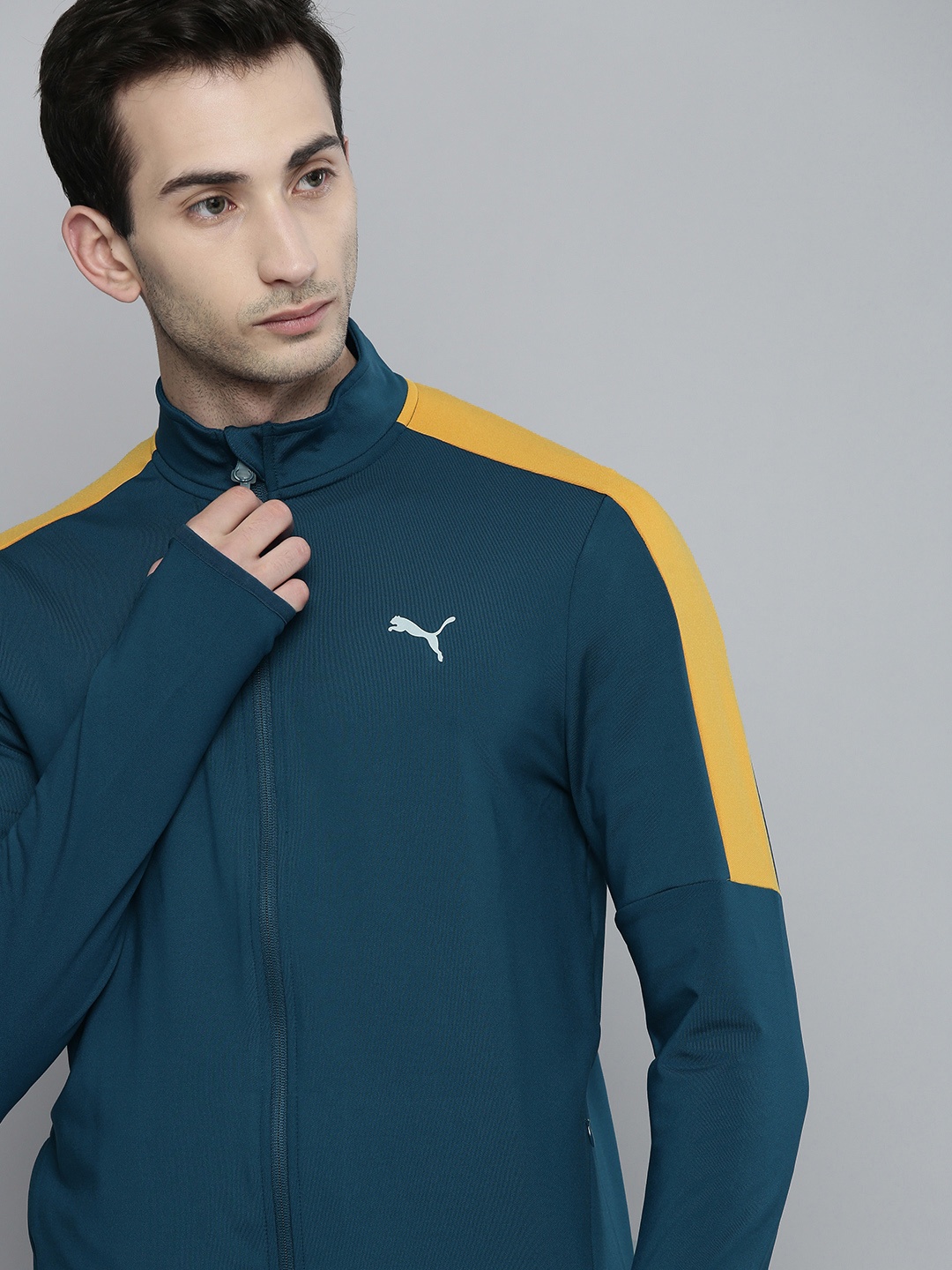 

one8 x Puma Men Teal Blue & Yellow Colourblocked Virat Kohli Sporty Track Jacket