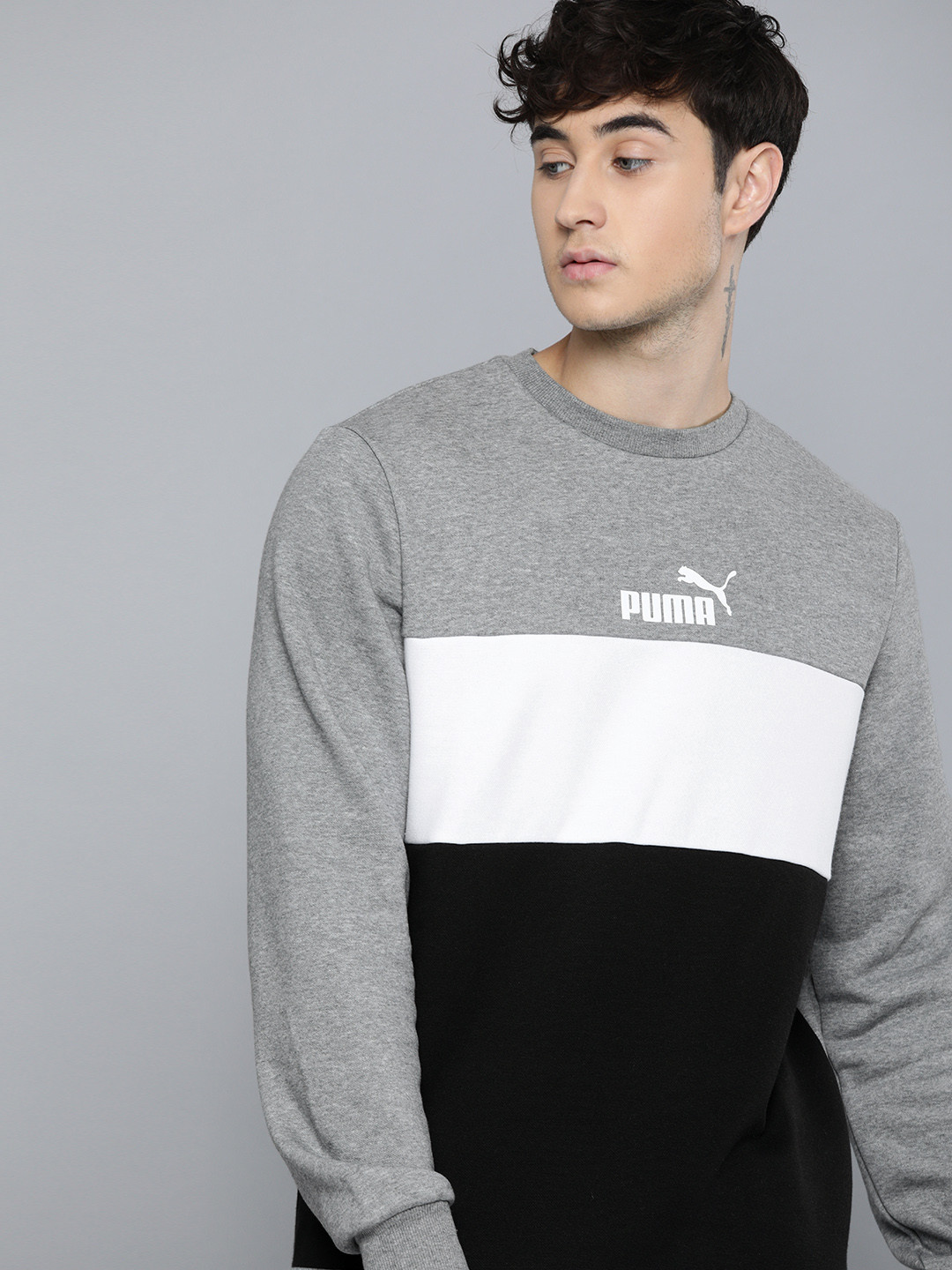 

Puma Men Black & White Colourblocked Essential Round Neck Sweatshirt