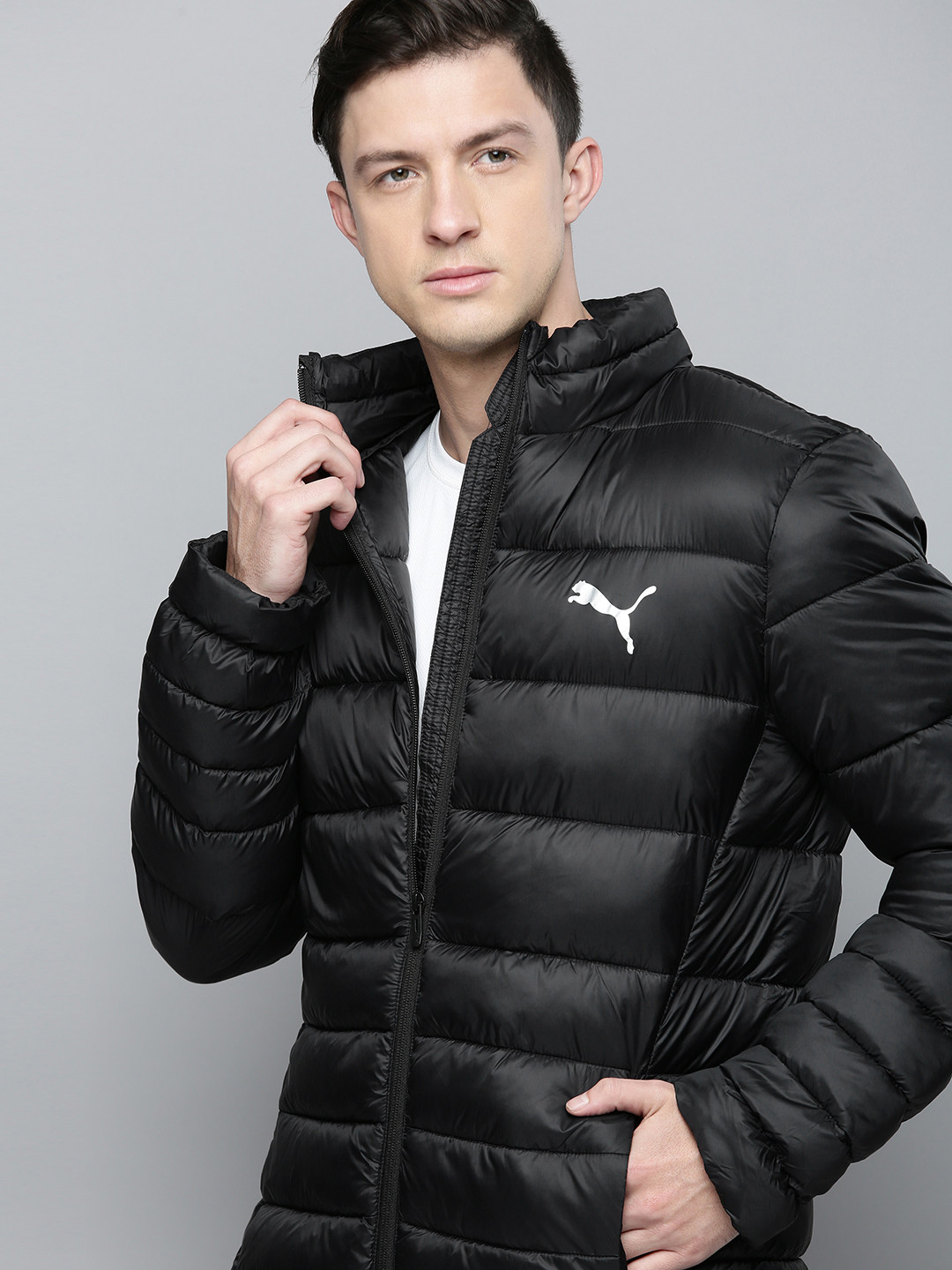 

Puma Men Black Brand Logo Printed Slim Fit Puffer Jacket