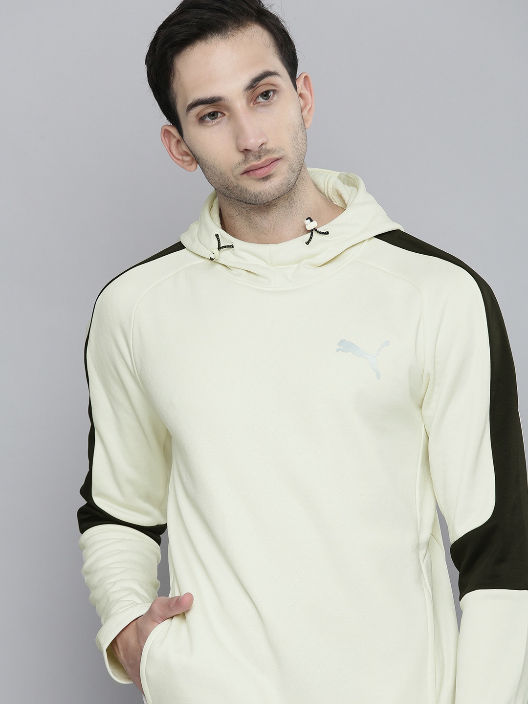 

Puma Men Cream-Coloured Colourblocked EvoStripe Warm Slim Fit Hooded Sweatshirt